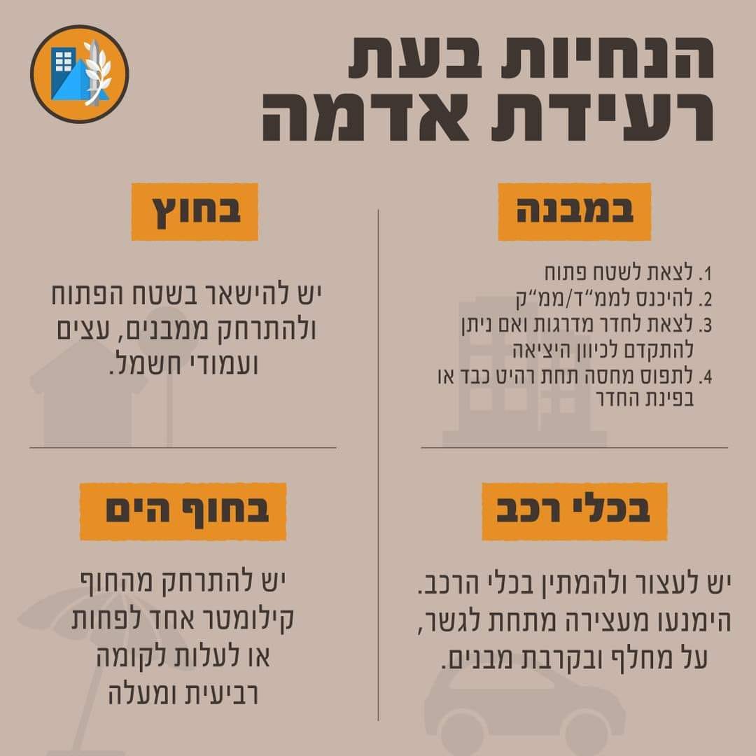 רענון הנחיות בעת רעידת אדמה בשל הרעידה שהורגשה בישראל